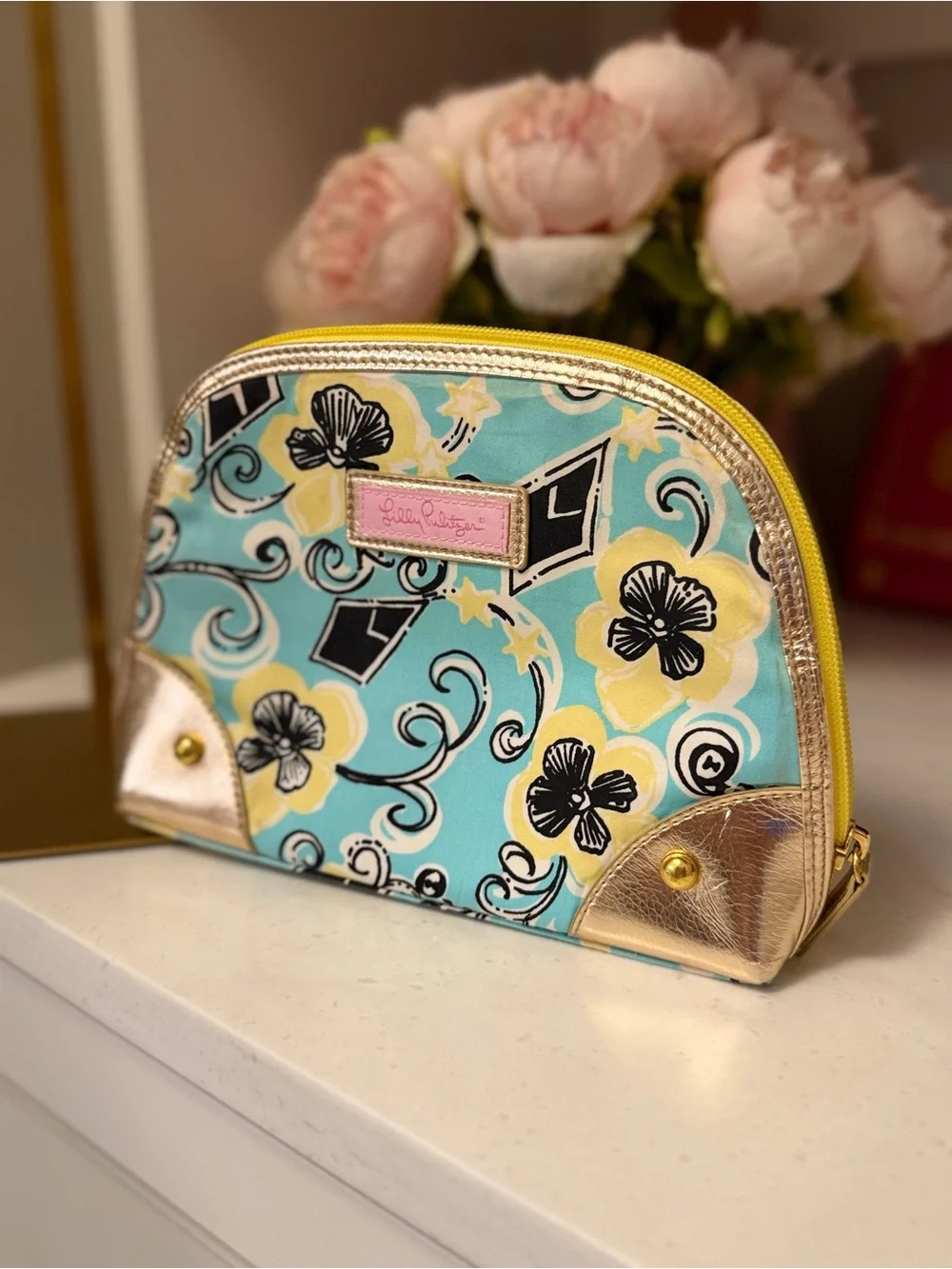 Lilly Pulitzer Turquoise Floral Cosmetic Pouch with Gold Accents